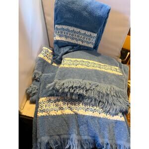 4 Vintage Cannon Royal Family Bath Towels Blue w Embroidered Fringe